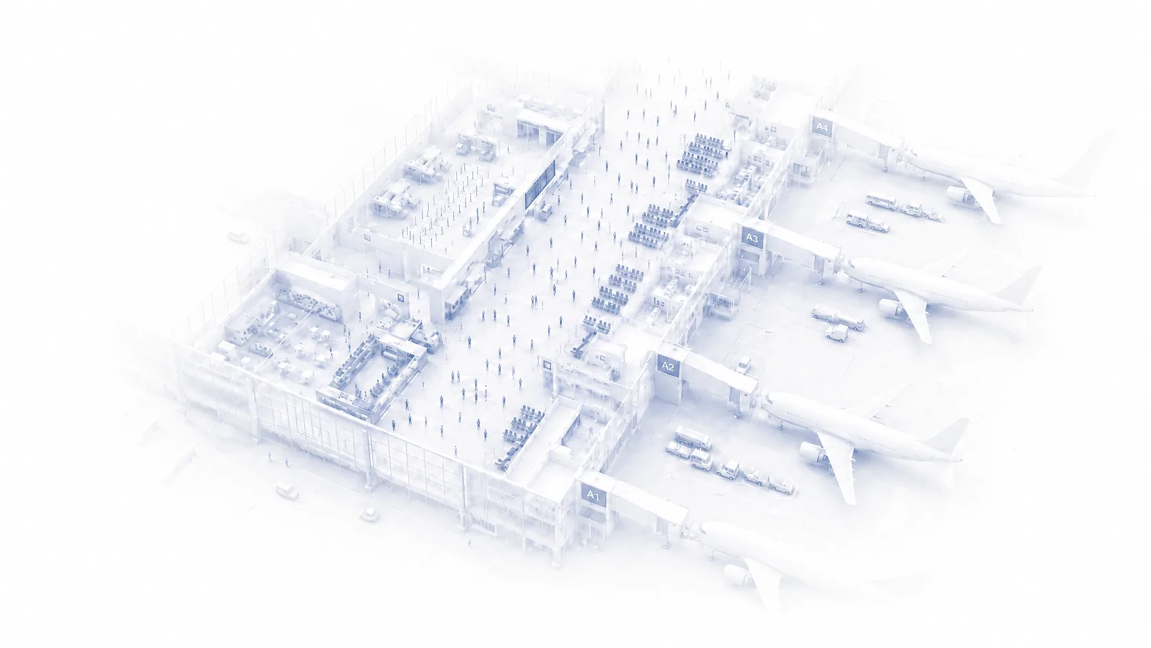 Isometric airport terminal with gates A1–A4